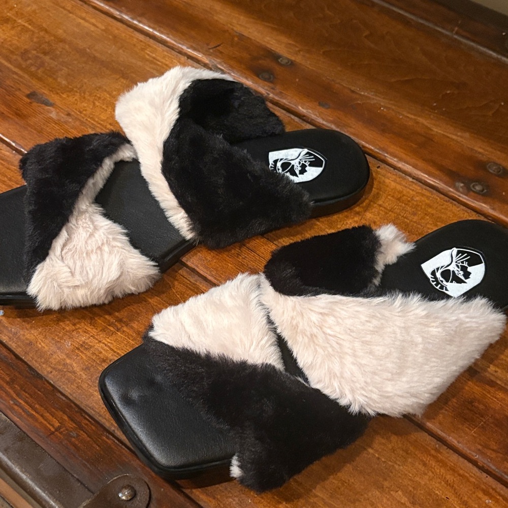 VHNY black and white fur slides- 2 strap luxury high end designer slides